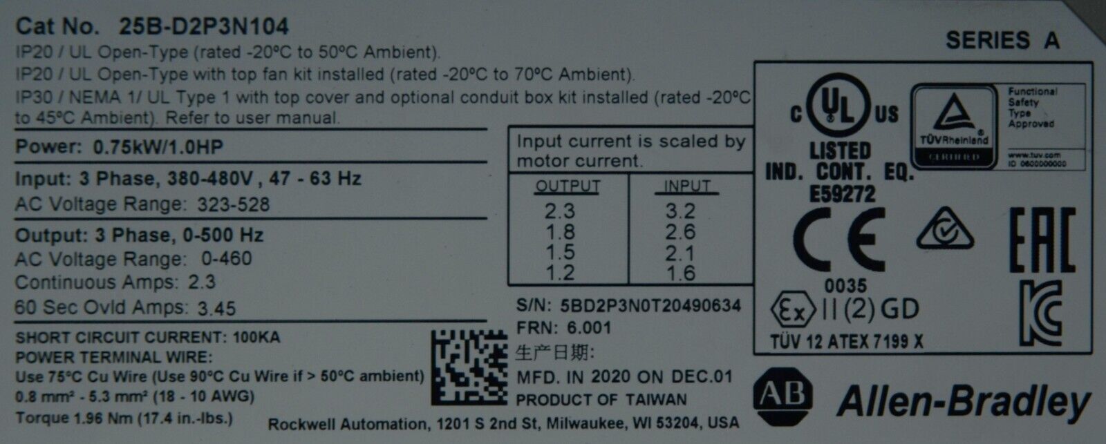 Zero Hour Allen Bradley 25B-D2P3N104 1HP Powerflex 525 Series A FRN:6.001 Tested