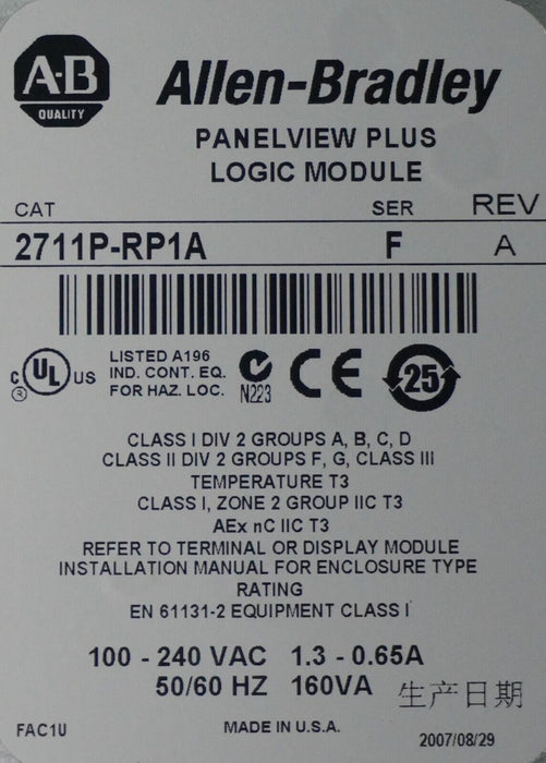 Allen Bradley 2711P-RP1A SER F Logic Module 64MB FRN:4.00.12 24VDC Tested Good