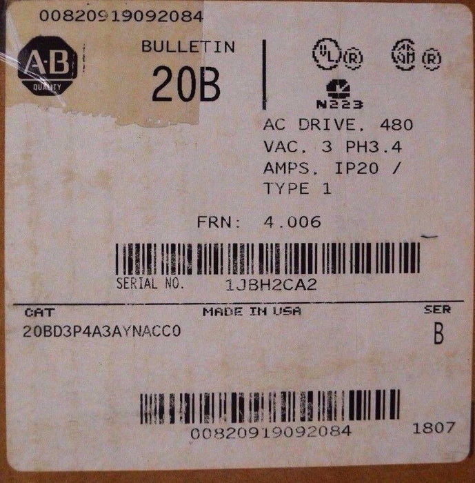 Allen-Bradley PowerFlex 700 2HP 20BD3P4A3AYNACC0 480VAC New Open Box