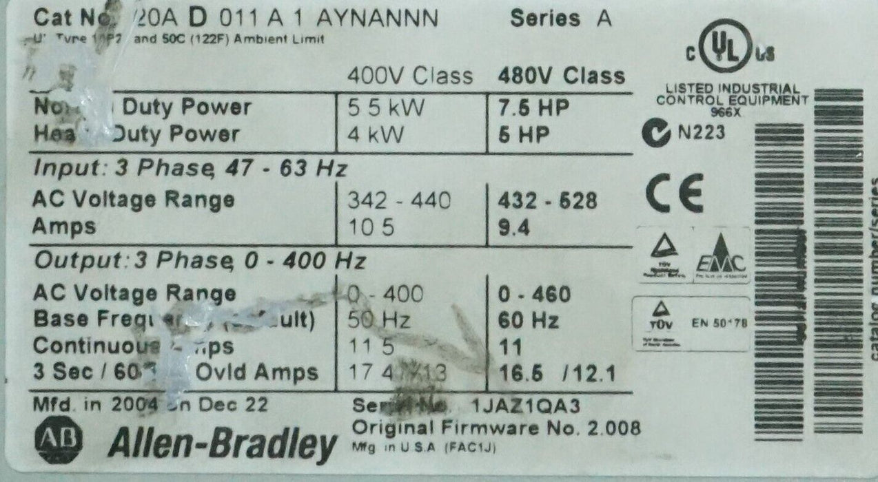 Zero Hrs Allen-Bradley PowerFlex70  7.5 HP 20AD011A1AYNANNN 480VAC FRN. 2.008