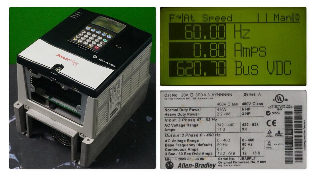 Allen-Bradley Powerflex 70 5 HP 20AD8P0A3AYNNNNN Series A FRN:2.009