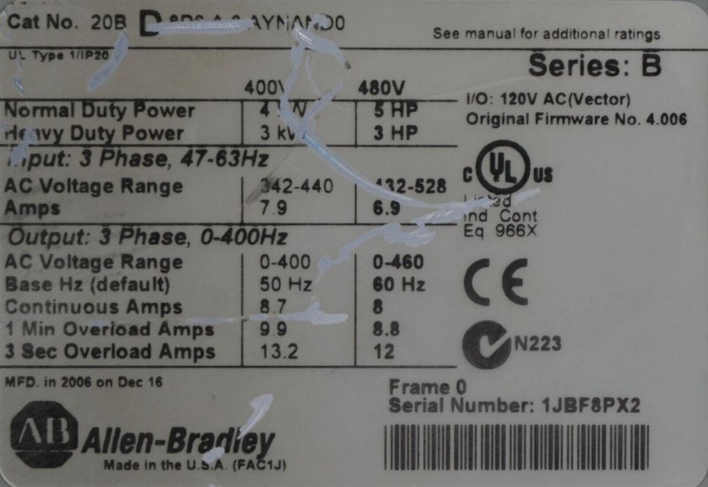 Low Hours Allen-Bradley PowerFlex 700 5HP 20BD8P0A0AYNAND0 480VAC Tested Good