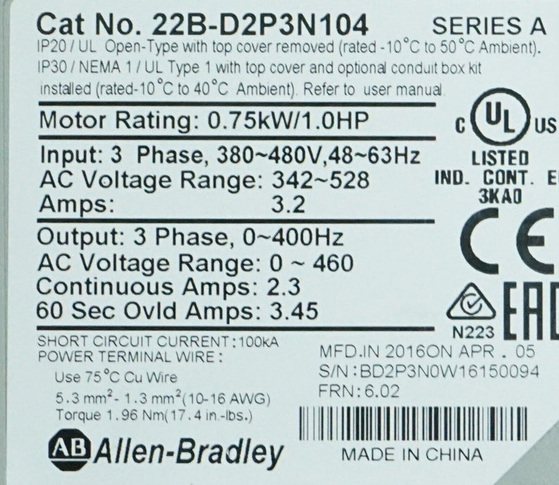 2016 Allen Bradley 40 22B-D2P3N104 PowerFlex Drive Series A Tested Good 6.02