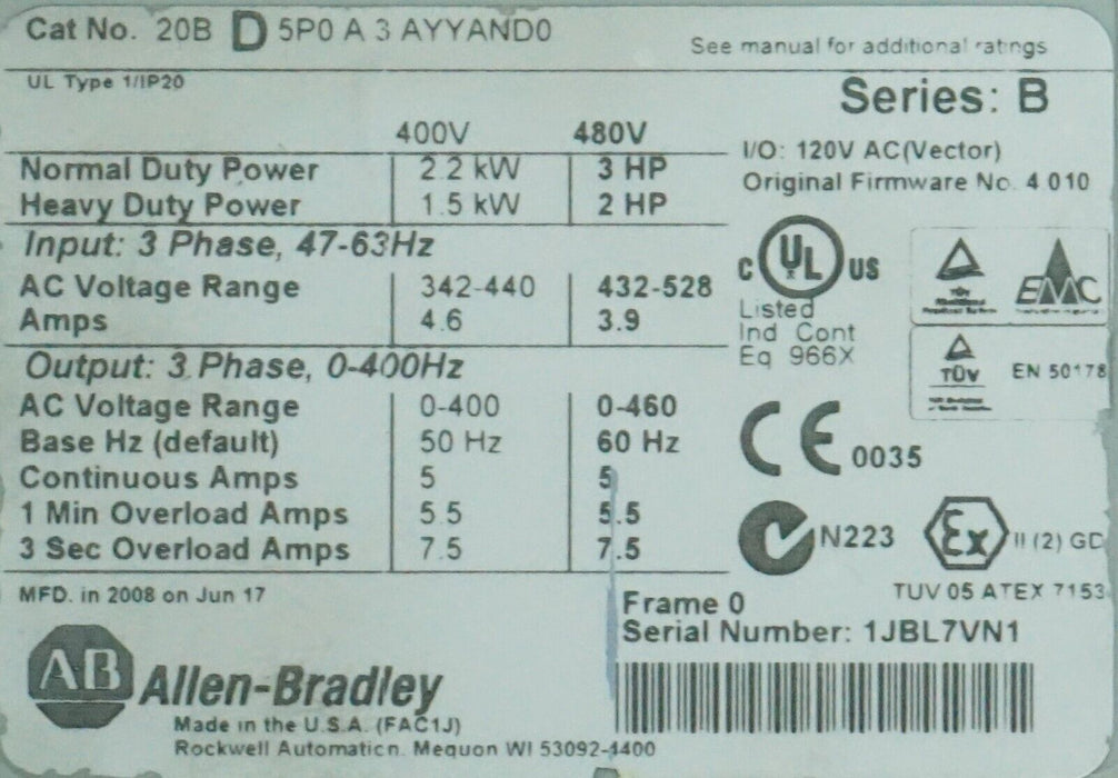 Low Hr Allen Bradley Powerflex 700 3HP Drive 20BD5P0A3AYYAND0 480V Tested 4.010