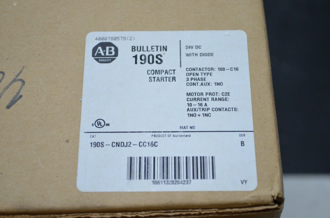 NEW Allen Bradley 190S-CNDJ2-CC16C MCS Compact Starter New Open Original Box