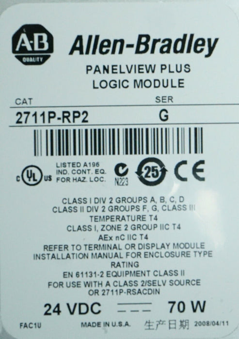 Allen Bradley 2711P-RP2 Module, Logic, 128MB Flash/128MB Ram, 24 VDC Tested Good