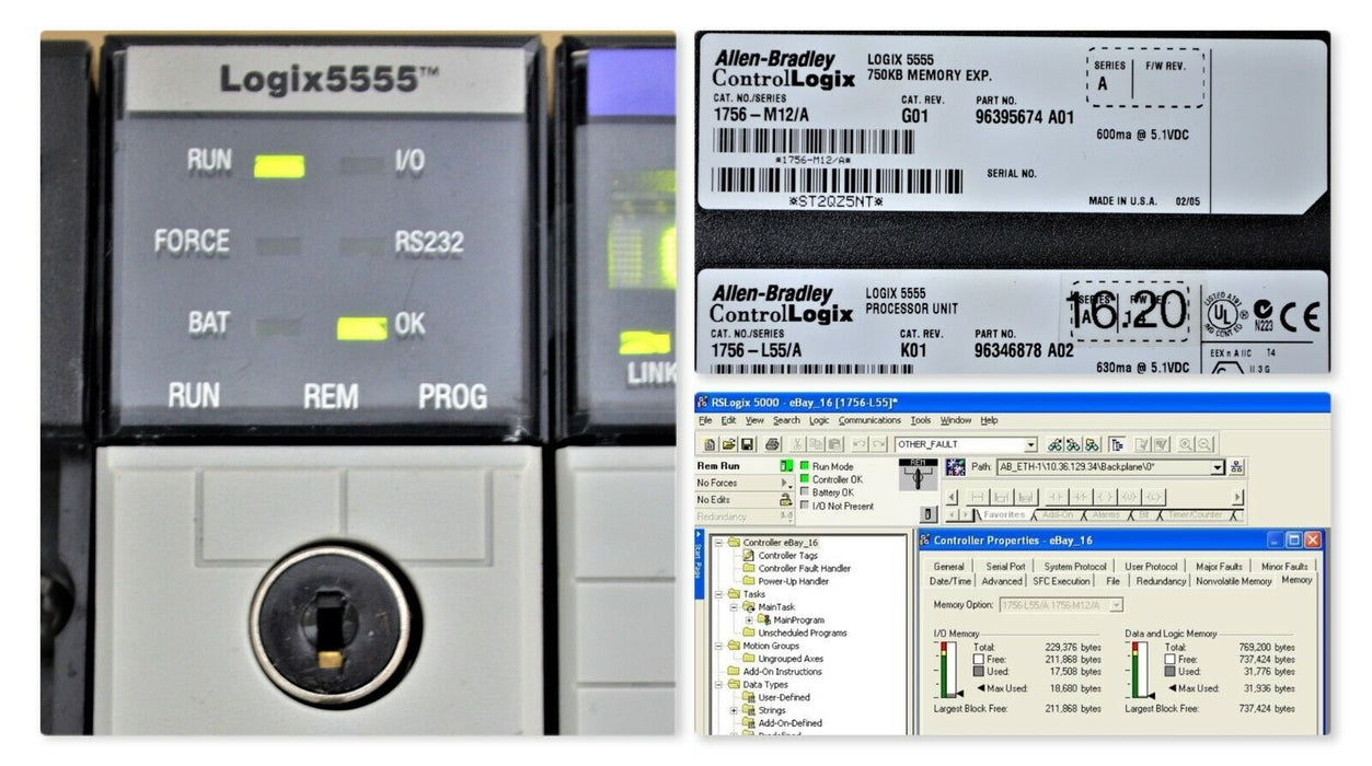 Allen Bradley 1756-L55/A W/ 1756-M12/A ControlLogix 5555 FRN 16.20 Tested Good