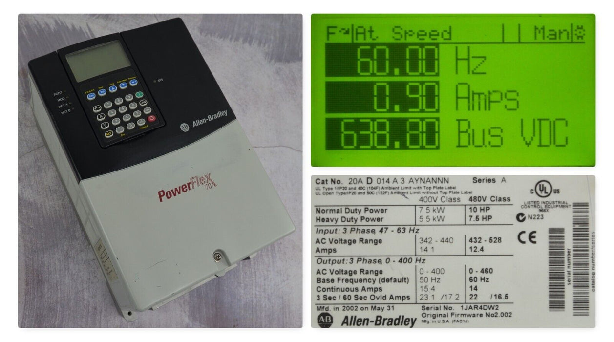 Allen-Bradley PowerFlex 70 10 HP 20AD014A3AYNANNN Series A FRN: 2.002 w/HIM Card