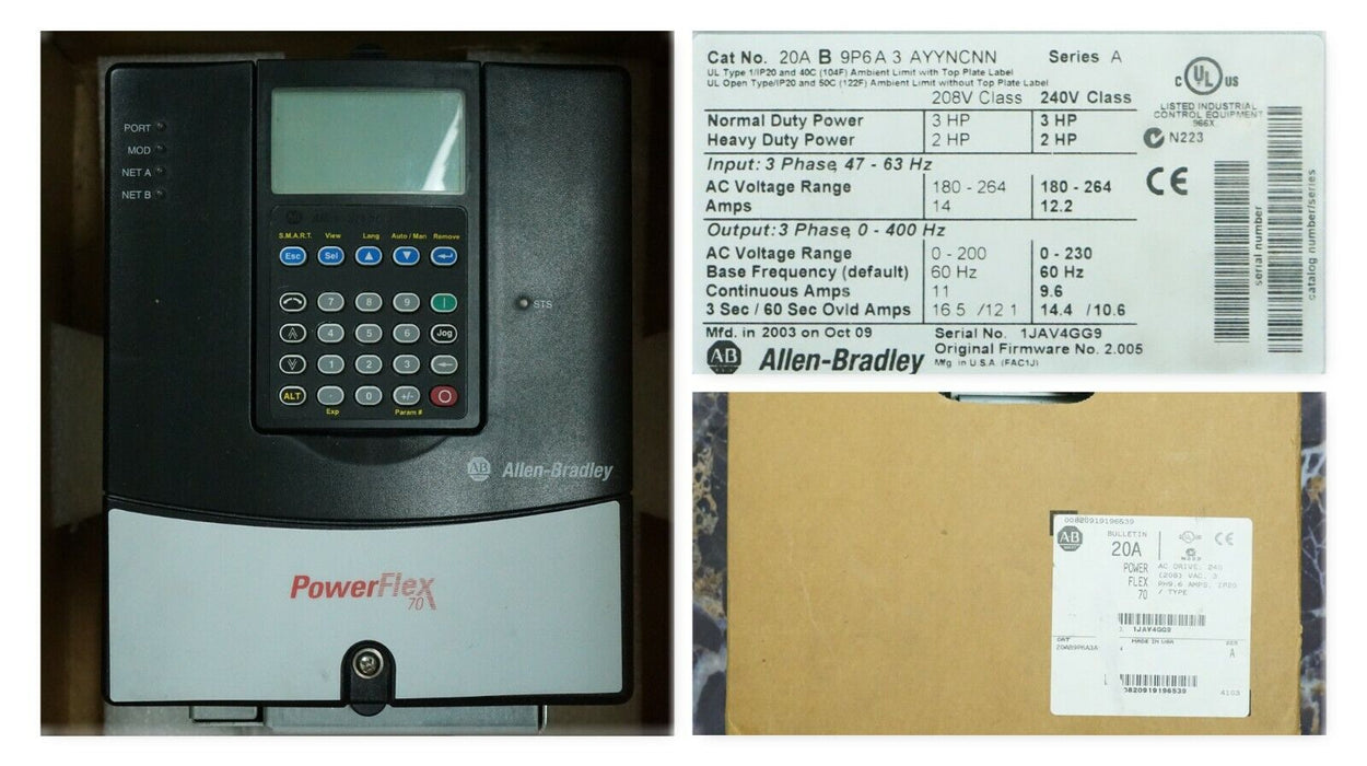 New Allen-Bradley PowerFlex 70 3HP 20AB9P6A3AYYNCNN FRN:2.005