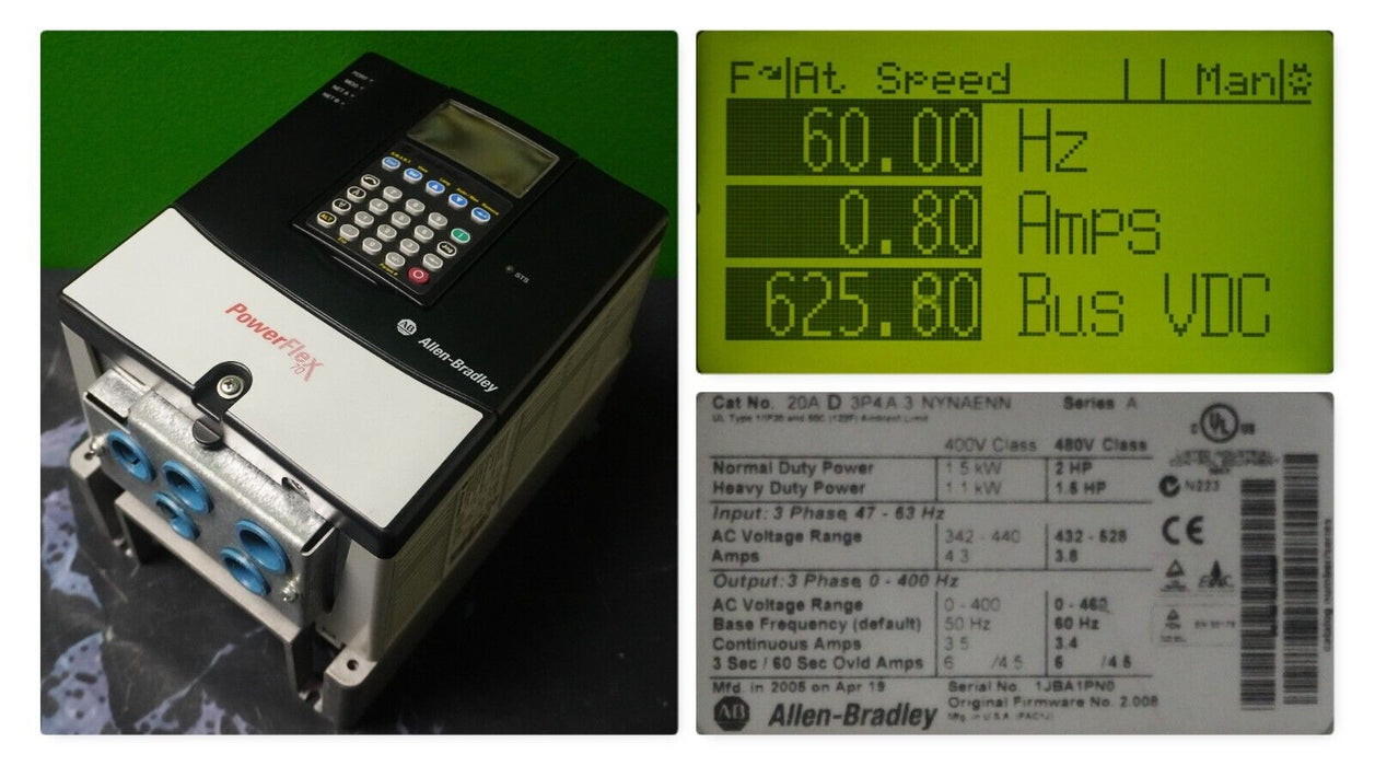 Allen-Bradley PowerFlex 70 2HP 20AD3P4A3NYNAENN 480 VAC Clean Tested FRN:2.008