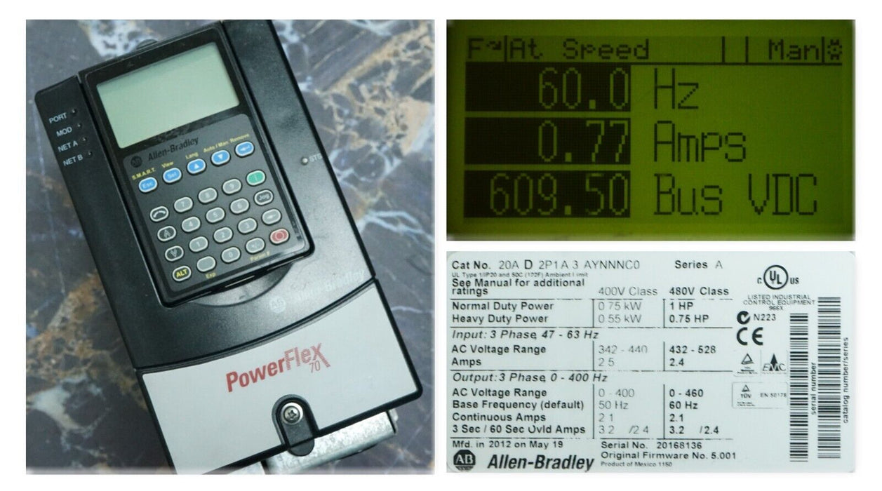 Low Hour Allen Bradley PowerFlex 70 1HP 20AD2P1A3AYNNNC0 480VAC FRN:5.001 Tested