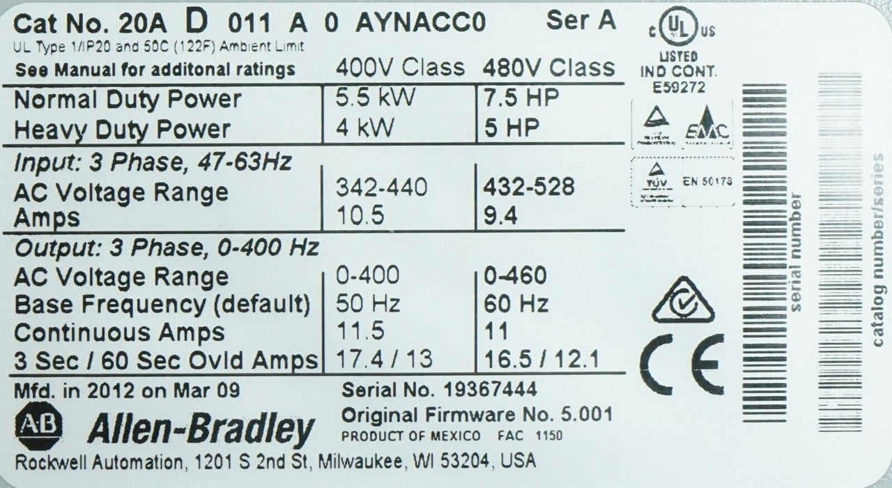 New 2017 Allen-Bradley PowerFlex 70 7.5HP 20AD011A0AYNACC0 480VAC FRN:5.001