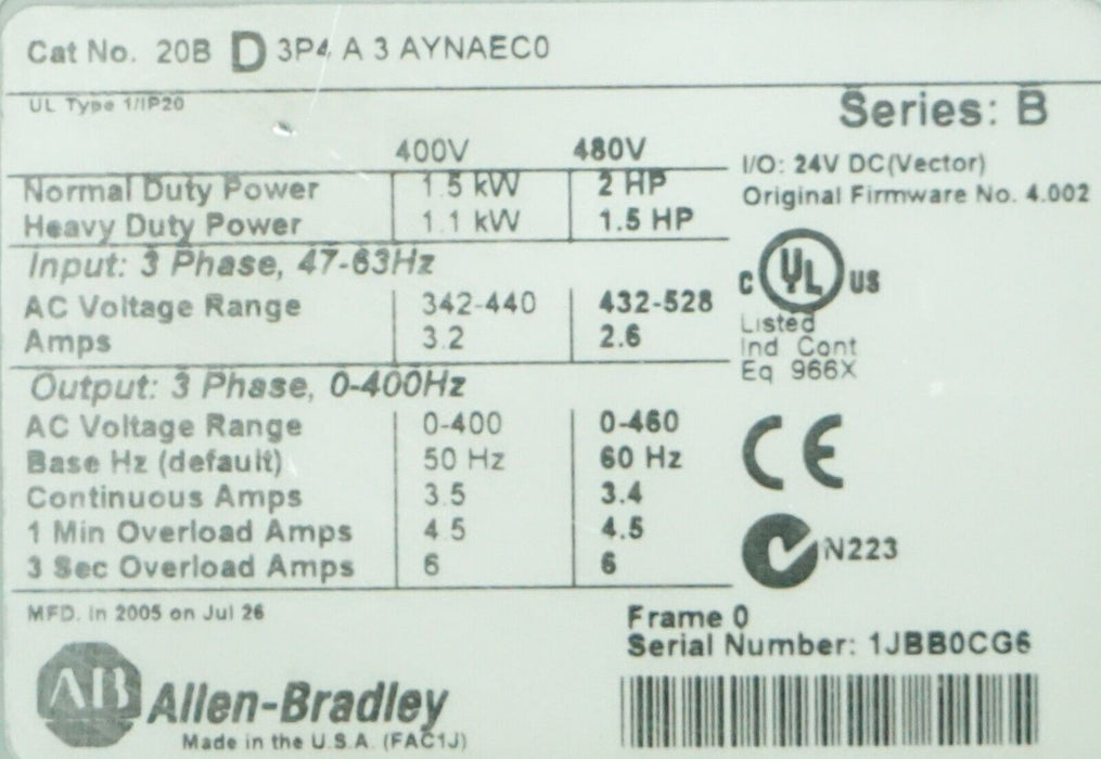 Allen-Bradley PowerFlex 700 2 HP 20BD3P4A3AYNAEC0 480 VAC Series B FRN:4.002