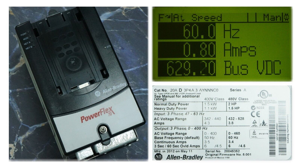 Allen-Bradley PowerFlex 70 2 HP 20AD3P4A3AYNNNC0 480 VAC Tested Clean FRN:5.001