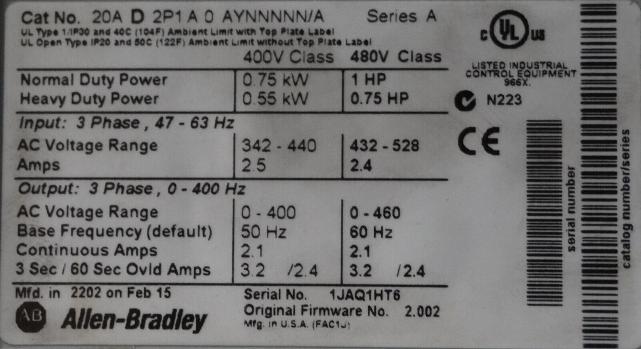 Allen-Bradley 20AD2P1A0AYNNNNN PowerFlex 70 1 HP Series A FRN:2.002 Tested Good