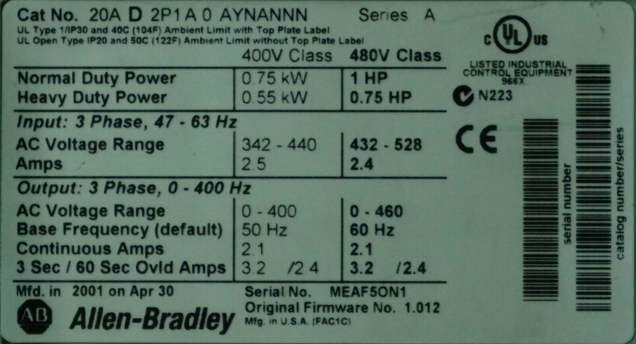 Allen-Bradley PowerFlex 70 1HP 20AD2P1A0AYNANNNN 480 VAC FRN:1.012 Tested