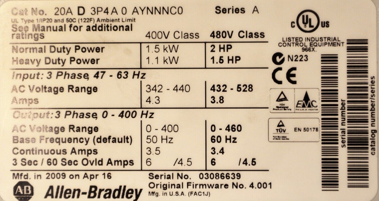 Allen-Bradley PowerFlex 70 2 HP 20AD3P4A0AYNNNC0 480 VAC Tested Clean 4.001