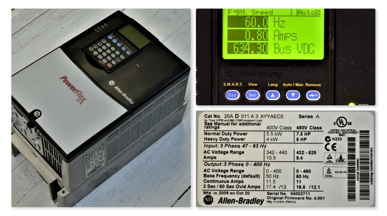 Allen-Bradley PowerFlex 70 20AD011A3AYYAEC0 480 VAC, 7.5 HP, 11 Amp Drive TESTED