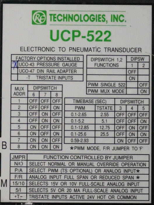 RF Technologies Universal Electronic to Pneumatic Transducer Assembly UCP-522-43