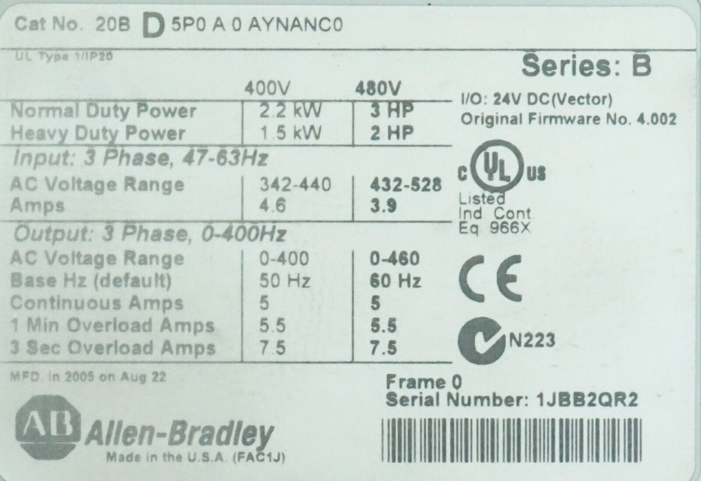 Allen-Bradley 20BD5P0A0AYNANC0 PowerFlex 700 3HP 480 VAC FRN:9.001