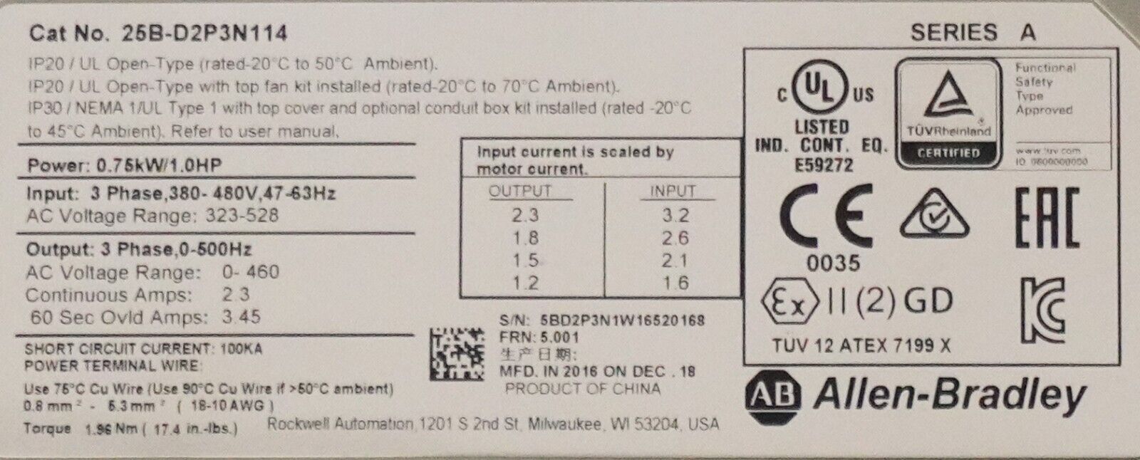 Allen Bradley 25B-D2P3N114 Series A Power Flex 525 Drive Tested Good FRN:5.001