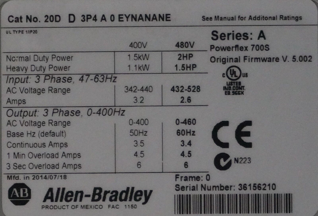 Allen-Bradley 20DD3P4A0EYNANANE 2HP POWERFLEX 700S Drive Series A  FRN:5.002