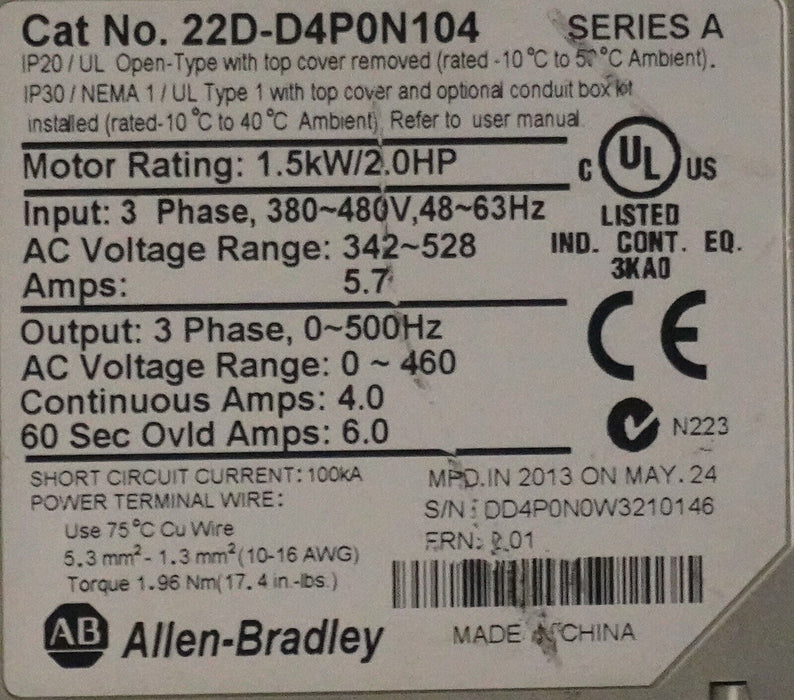 Allen-Bradley 22D-D4P0N104 PowerFlex 40P Drive 2HP Series A Tested FRN:2.01