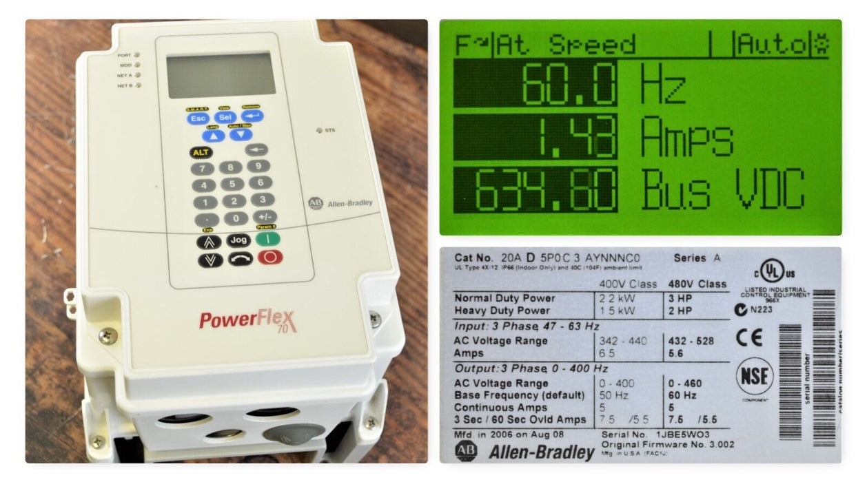 Allen-Bradley PowerFlex 70 3 HP 20AD5P0C3AYNNNC0 LOW HOURS Tested Good QUANTITY