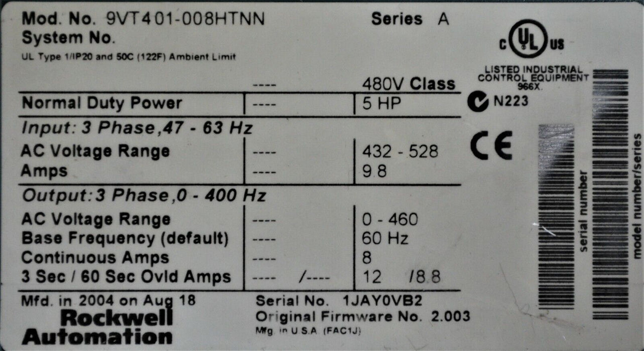 VTAC HVAC Rockwell Automation 5HP, 9VT401-008HTNN 480 VAC Ver. 2.003 Tested Good