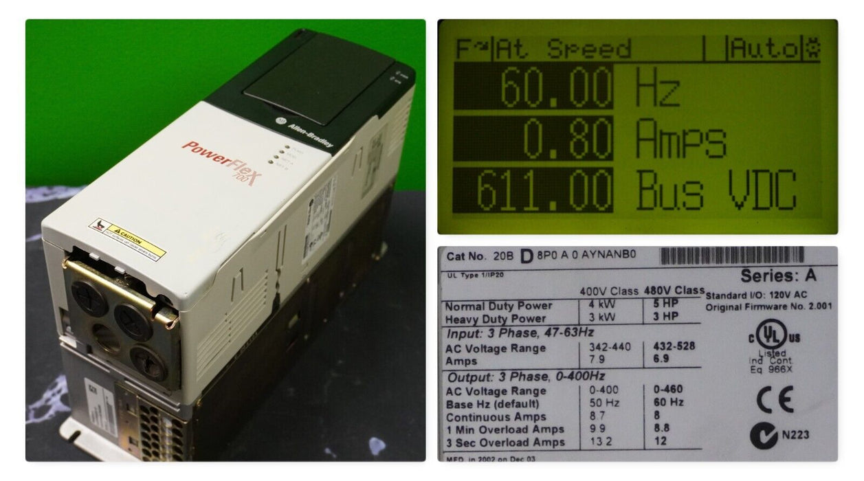 Allen-Bradley PowerFlex 700 5HP 20BD8P0A0AYNANB0 Series A 480VAC FRN:2.001