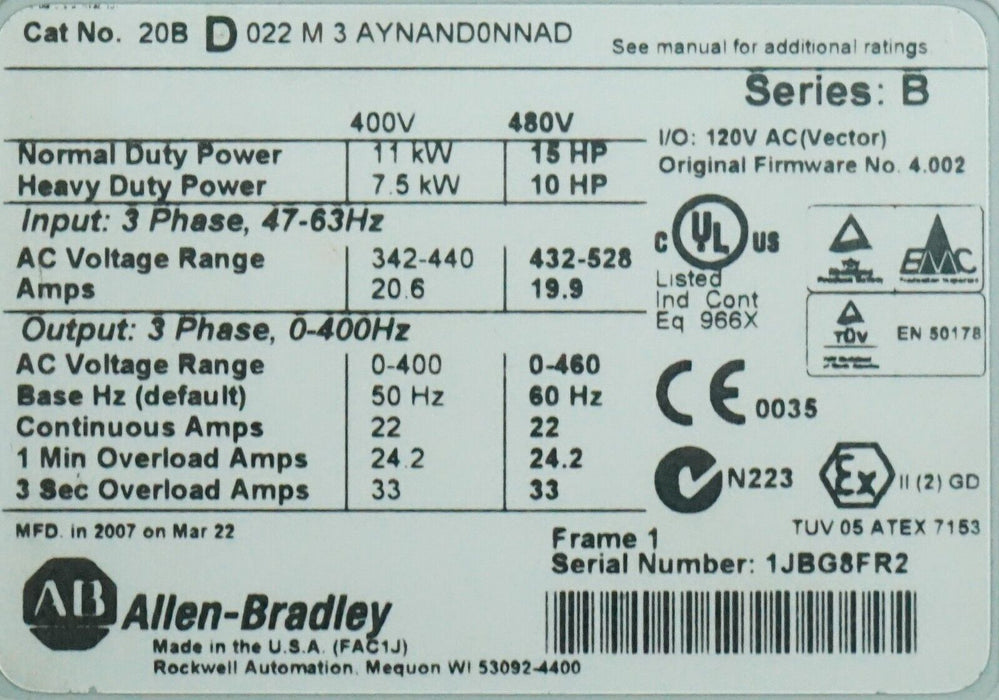 Allen-Bradley PowerFlex 700 20BD022M3AYNAND0NNAD 15HP FRN:10.001 Tested Good