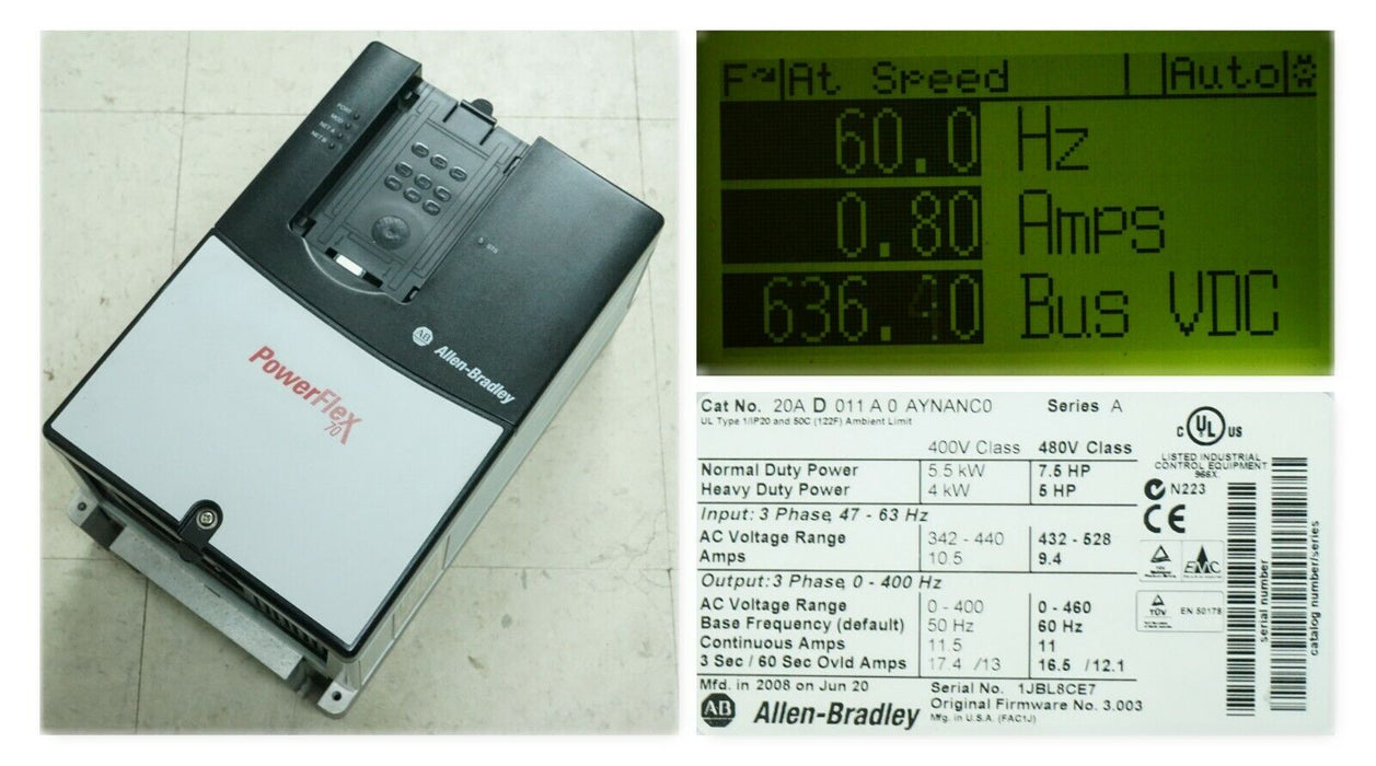 Low Hrs Allen-Bradley PowerFlex 70 7.5 HP 20AD011A0AYNANC0 480 VAC Tested Good