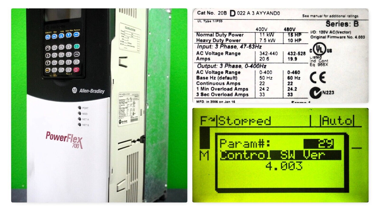 Allen-Bradley PowerFlex700 20BD022A3AYYAND0 15 HP FRN 4.003 w/20-HIM-A3 Keypad