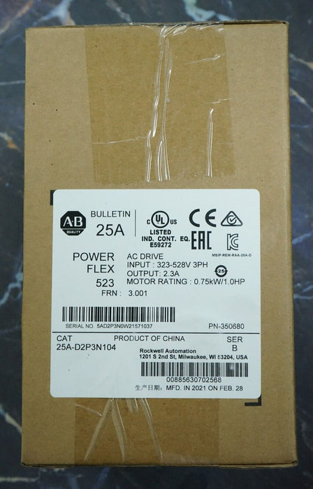 2021 Allen-Bradley PowerFlex 523 25A-D2P3N104 1HP FRN:3.001 Series B