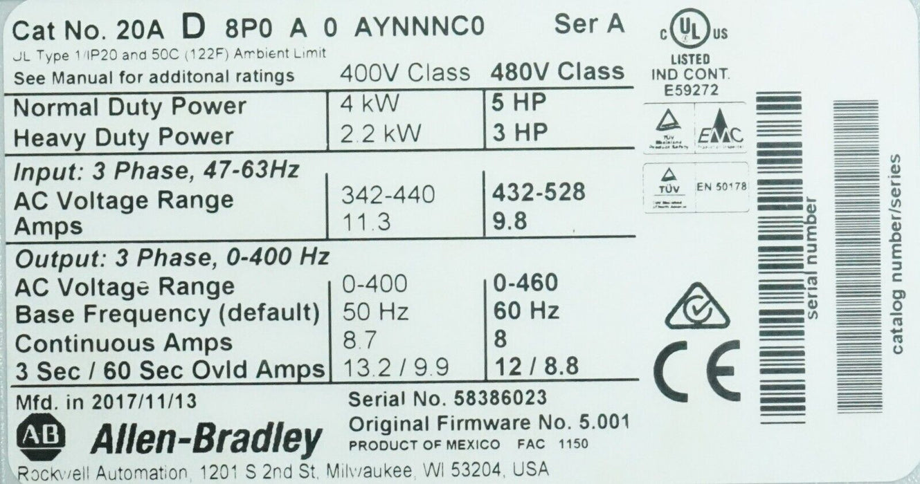 Low Hours Allen-Bradley POWERFLEX 70 5 HP 20AD8P0A3AYNNNNC0 Series A FRN: 5.001