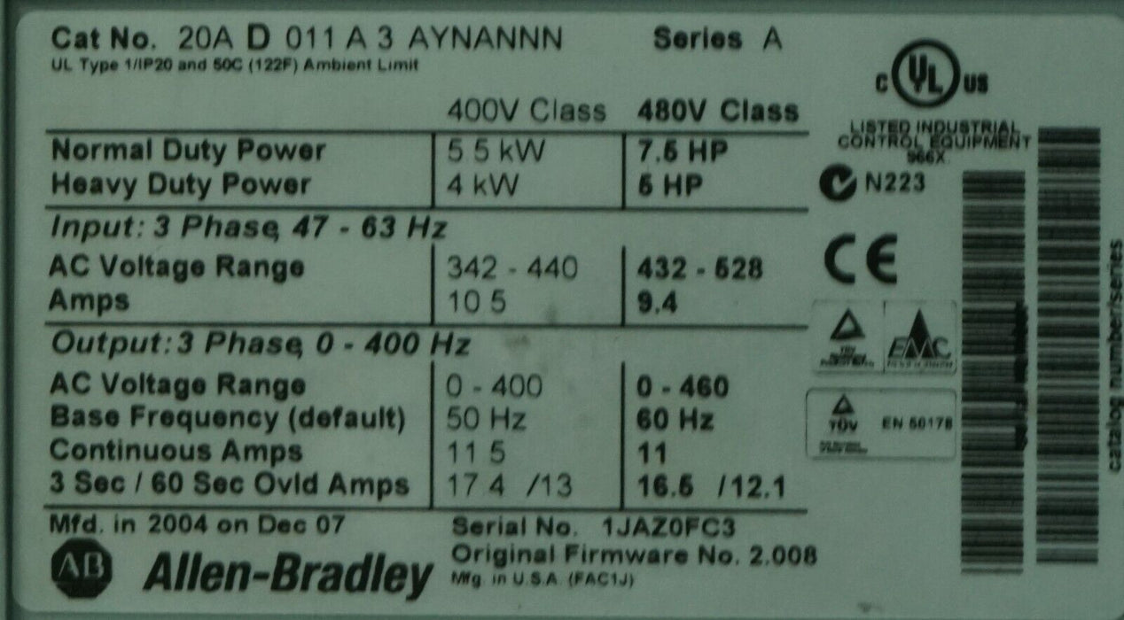 Allen-Bradley PowerFlex 70 7.5 HP 20AD011A3AYNANNN 480 VAC Tested Good FRN:2.008