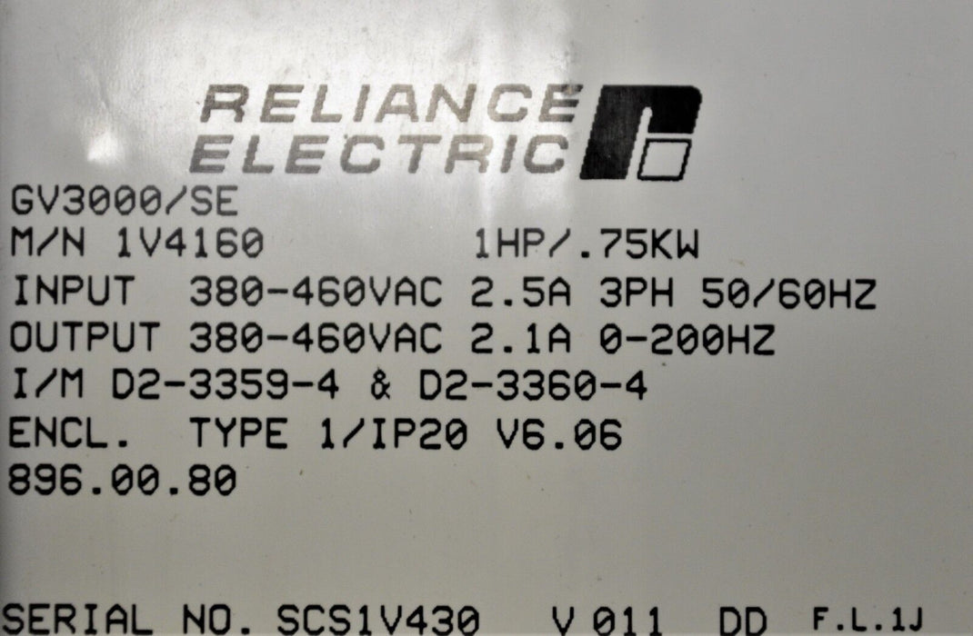 RELIANCE ELECTRIC GV3000/SE VECTOR 1 HP 1V4160 VER. 6.06 AC INVERTER TESTED GOOD