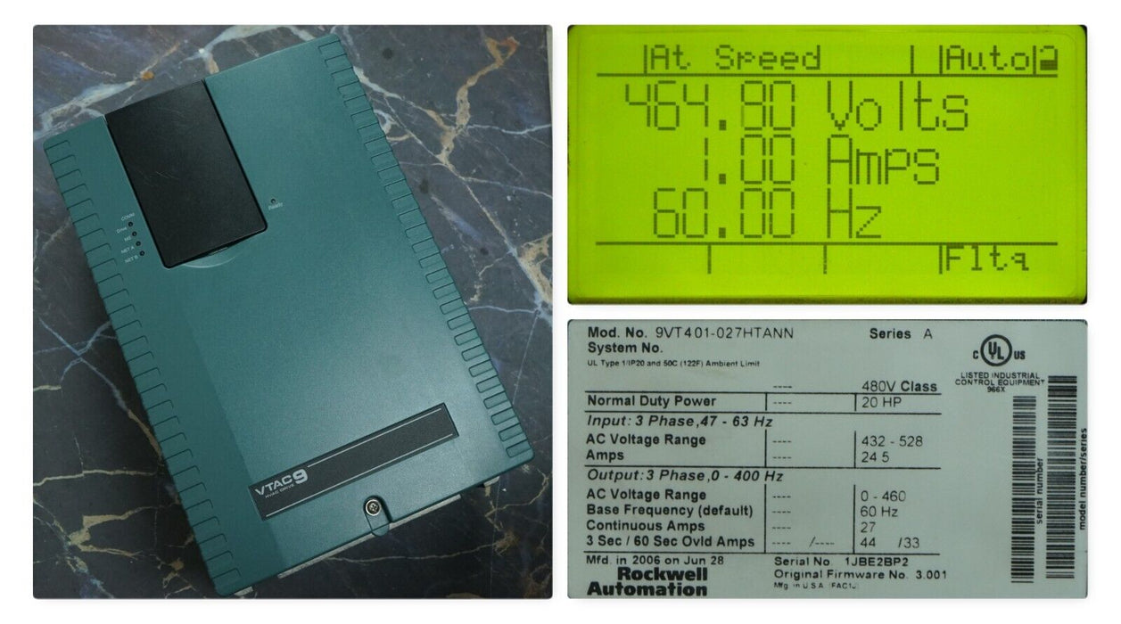 Rockwell Automation VTAC 9 AC Drive 9VT201-027HTANN FW:3.001 20HP Tested Good