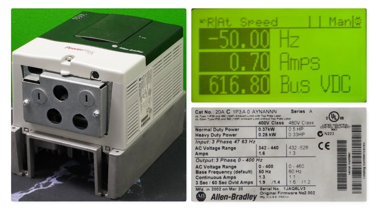 Allen Bradley Powerflex 70 1/2HP 20AC1P3A0AYNANNN Tested Good FRN:2.002