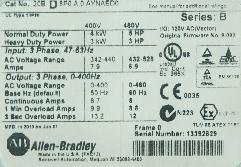 Allen-Bradley PowerFlex700 5HP 20BD8P0A0AYNAED0 480VAC Tested FRN 8.002 Series B