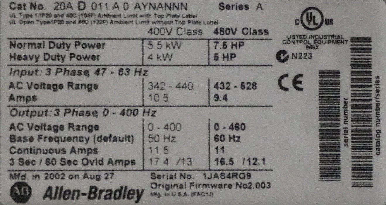 Allen-Bradley PowerFlex 70 7.5 HP 20AD011A0AYNANNN 480 VAC Tested Good FRN:2.003