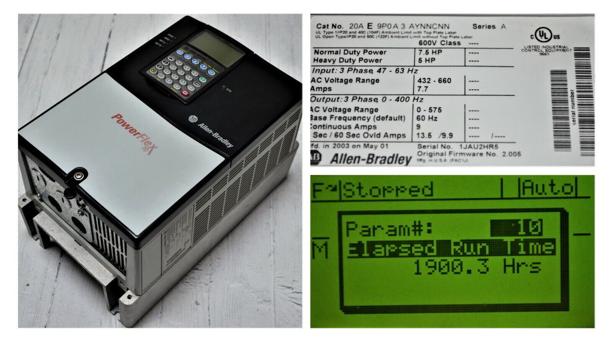 Allen-Bradley PowerFlex 70 7.5 HP 20AE9P0A3AYNNCNN 600V 2.005 Tested Good