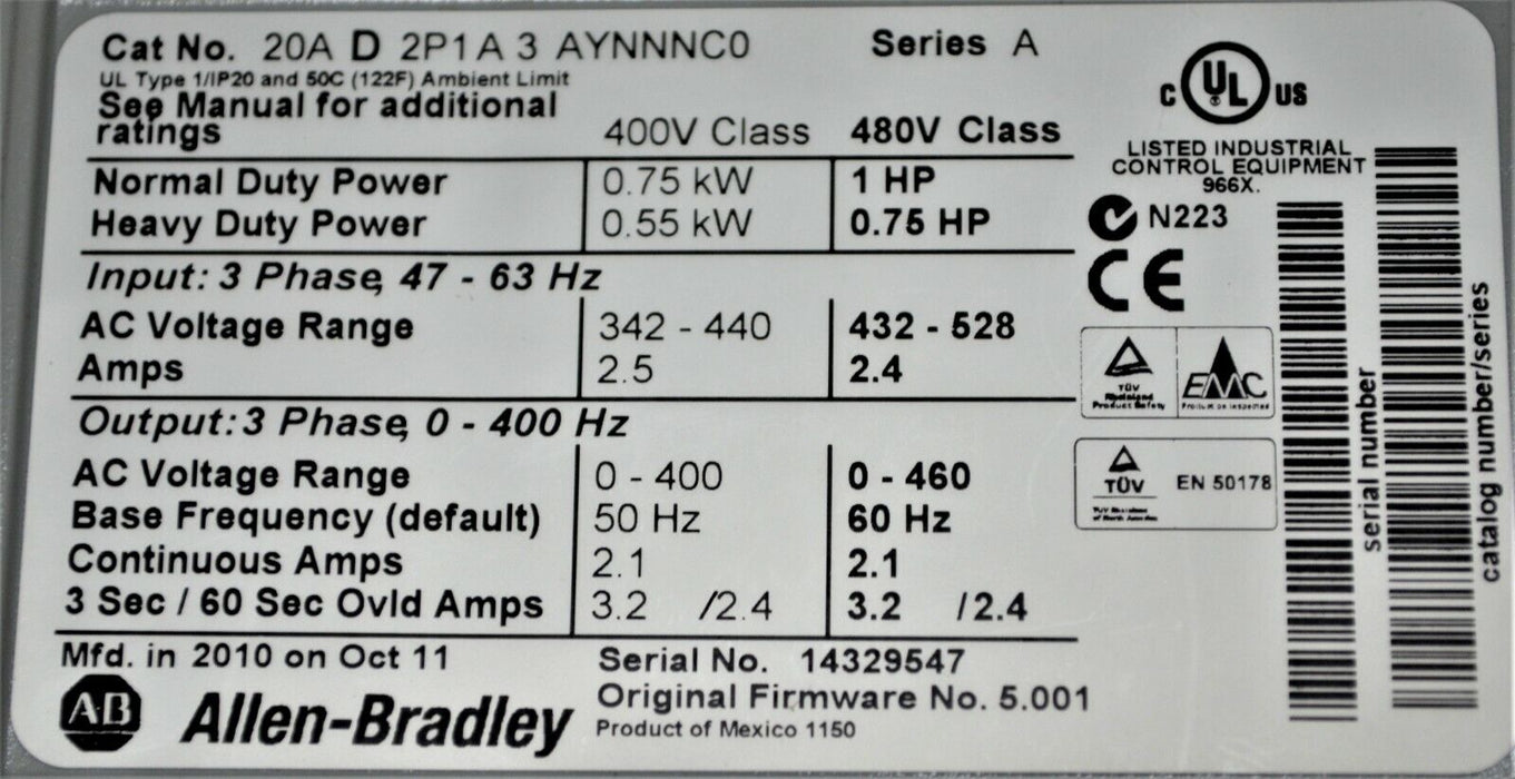 Allen-Bradley PowerFlex 70 1 HP 20AD2P1A3AYNNNC0 480 VAC FRN 5.001 Tested Good