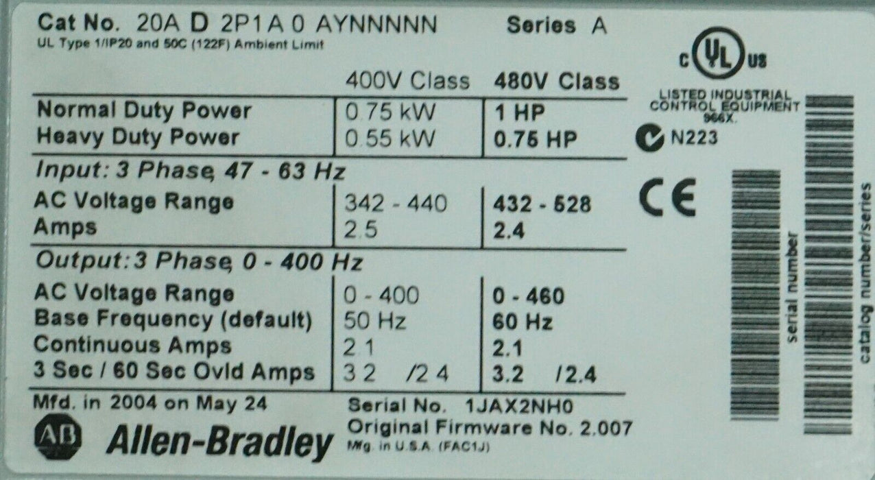 Allen-Bradley 20AD2P1A0AYNNNNN PowerFlex70 1HP 480VAC FRN:2.007