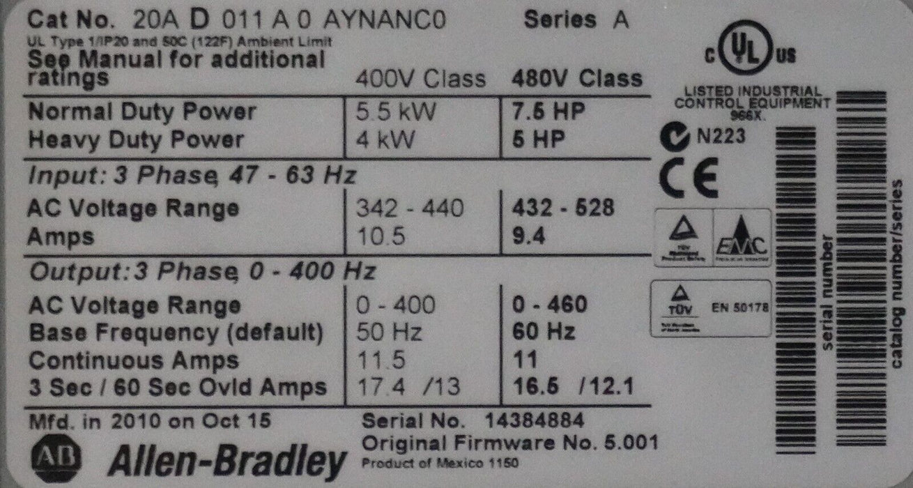 New Allen Bradley PowerFlex 70 7.5HP 20AD011A0AYNANC0 480VAC FRN:5.001