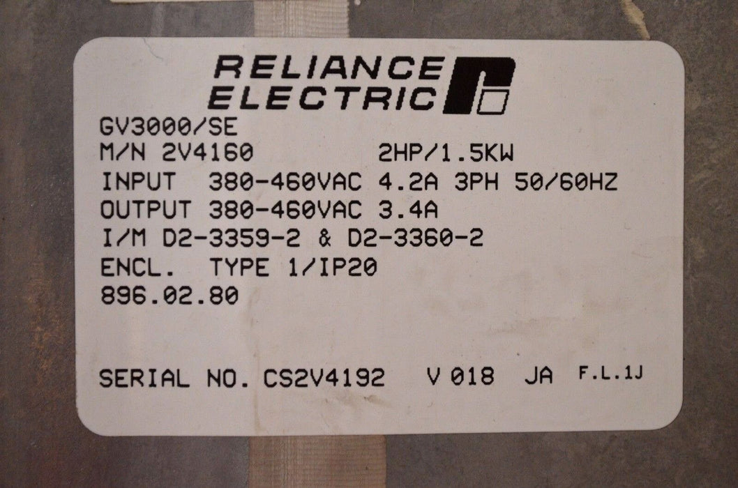 Reliance Electric GV3000 2V4160  SE Vector 2HP VER. 6.01 Inverter Tested