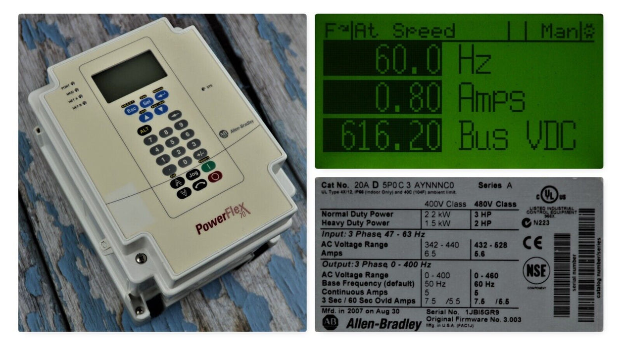 Low Hour Allen-Bradley PowerFlex 70 3 HP 20AD5P0C3AYNNNC0 Tested Good FRN: 3.003