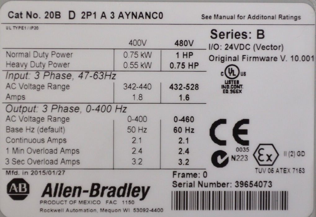 Low Hours Allen-Bradley PowerFlex 700 1 HP 20BD2P1A3AYNANC0 480 VAC With HIM