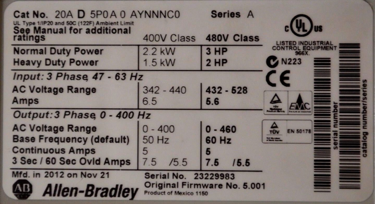 Allen-Bradley PowerFlex 70 3HP 20AD5P0A0AYNNNC0 480VAC DriveGuard Mfd.2012