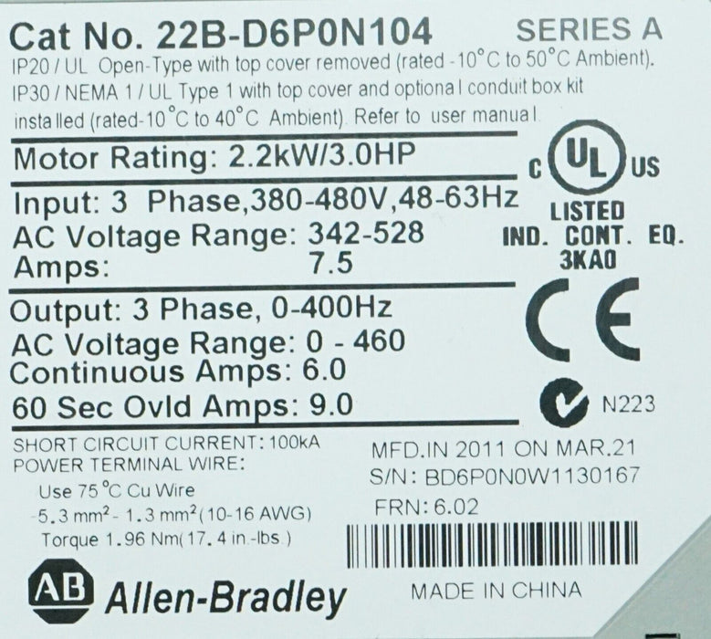 Allen Bradley 22B-D6P0N104 PowerFlex 40 3 HP Drive Tested Good 6.02